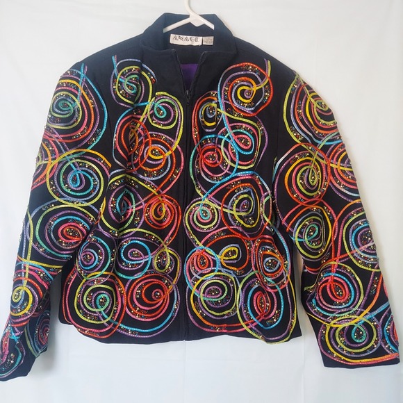 ANAGE Black Cotton Jacket Women's L Colorful Swirl Beaded‎ Embroidery Full Zip